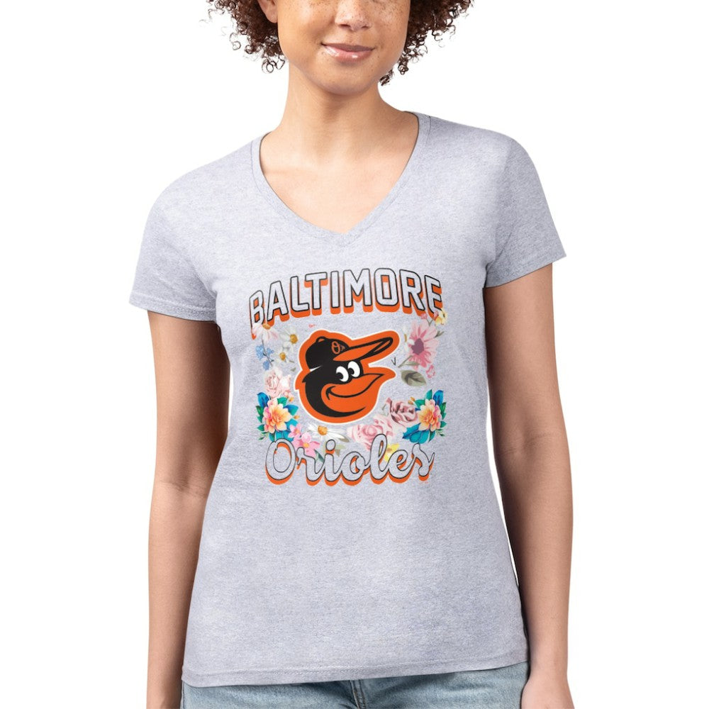 Baltimore Orioles G-III 4Her by Carl Banks Women's Super-Slim Fit Lightweight Flowers Graphic V-Neck T-Shirt - Heather Gray