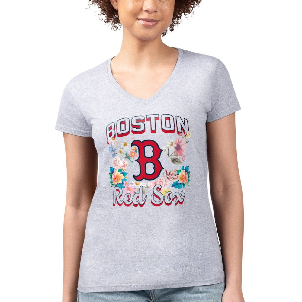Boston Red Sox G-III 4Her by Carl Banks Women's Super-Slim Fit Lightweight Flowers Graphic V-Neck T-Shirt - Heather Gray
