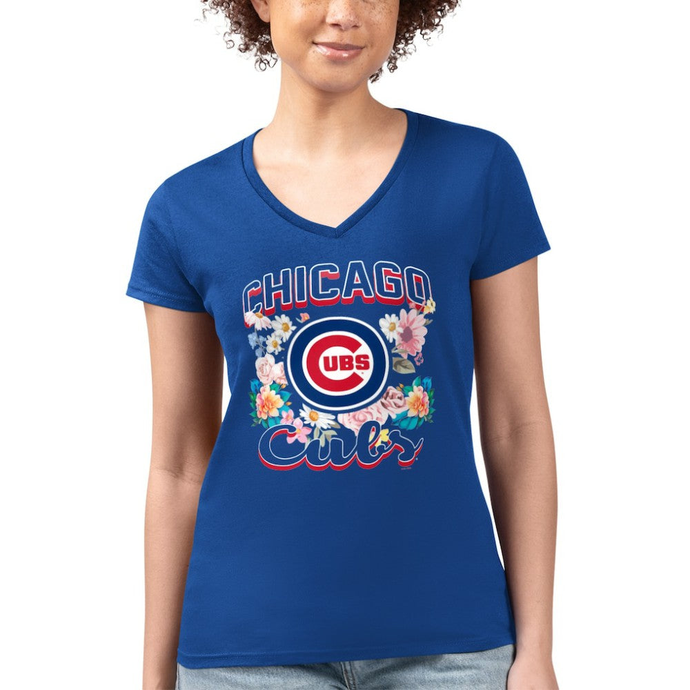Chicago Cubs G-III 4Her by Carl Banks Women's Super-Slim Fit Lightweight Flowers Graphic V-Neck T-Shirt - Royal