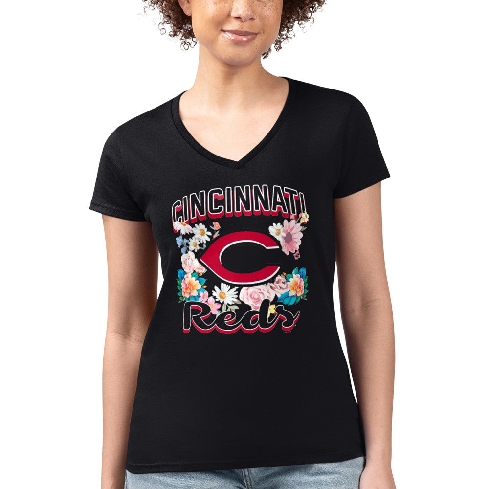 Cincinnati Reds G-III 4Her by Carl Banks Women's Super-Slim Fit Lightweight Flowers Graphic V-Neck T-Shirt - Black