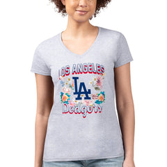 Los Angeles Dodgers G-III 4Her by Carl Banks Women's Super-Slim Fit Lightweight Flowers Graphic V-Neck T-Shirt - Heather Gray