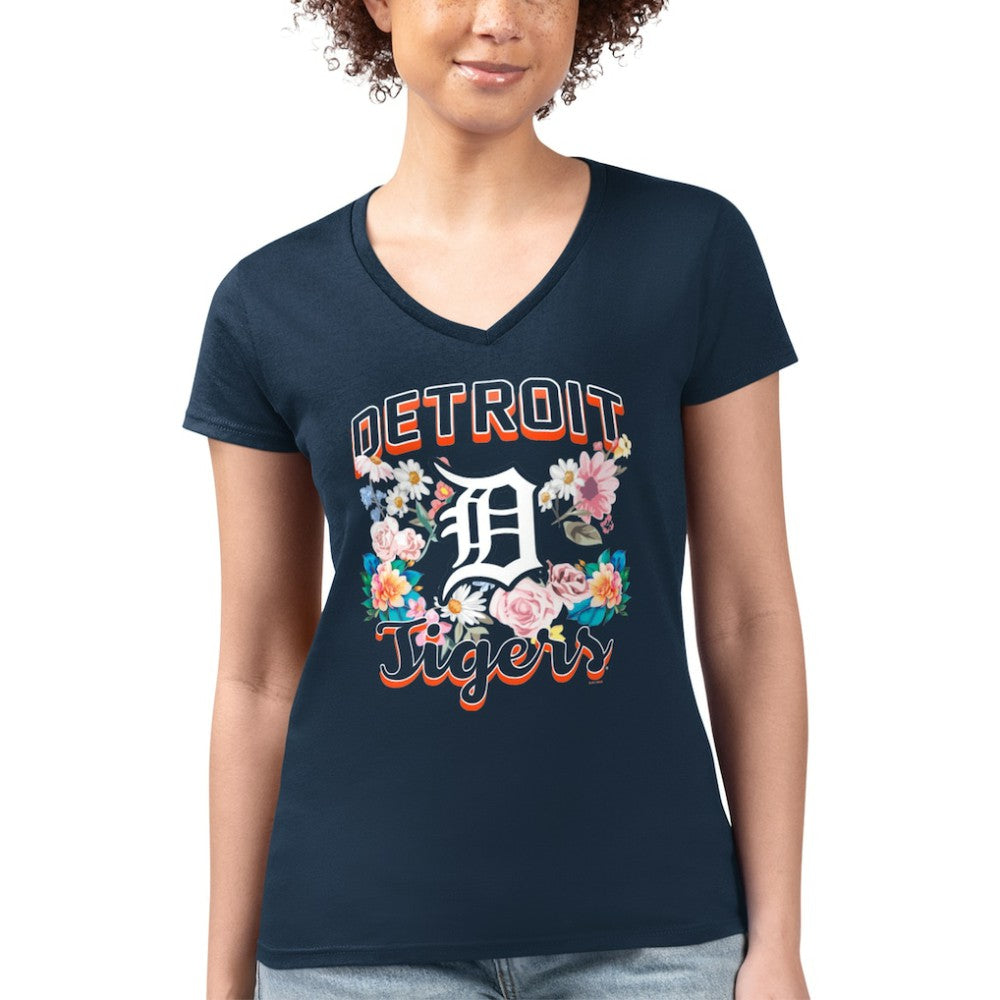 Detroit Tigers G-III 4Her by Carl Banks Women's Super-Slim Fit Lightweight Flowers Graphic V-Neck T-Shirt - Navy