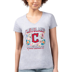 Cleveland Guardians G-III 4Her by Carl Banks Women's Super-Slim Fit Lightweight Flowers Graphic V-Neck T-Shirt - Heather Gray