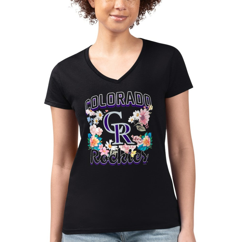 Colorado Rockies G-III 4Her by Carl Banks Women's Super-Slim Fit Lightweight Flowers Graphic V-Neck T-Shirt - Black