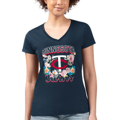 Minnesota Twins G-III 4Her by Carl Banks Women's Super-Slim Fit Lightweight Flowers Graphic V-Neck T-Shirt - Navy