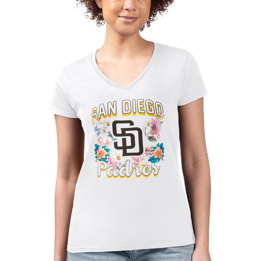 San Diego Padres G-III 4Her by Carl Banks Women's Super-Slim Fit Lightweight Flowers Graphic V-Neck T-Shirt - White