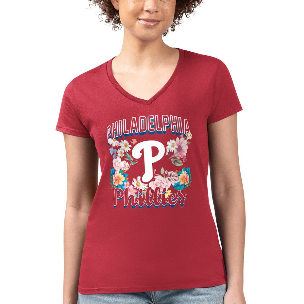 Philadelphia Phillies G-III 4Her by Carl Banks Women's Super-Slim Fit Lightweight Flowers Graphic V-Neck T-Shirt - Red