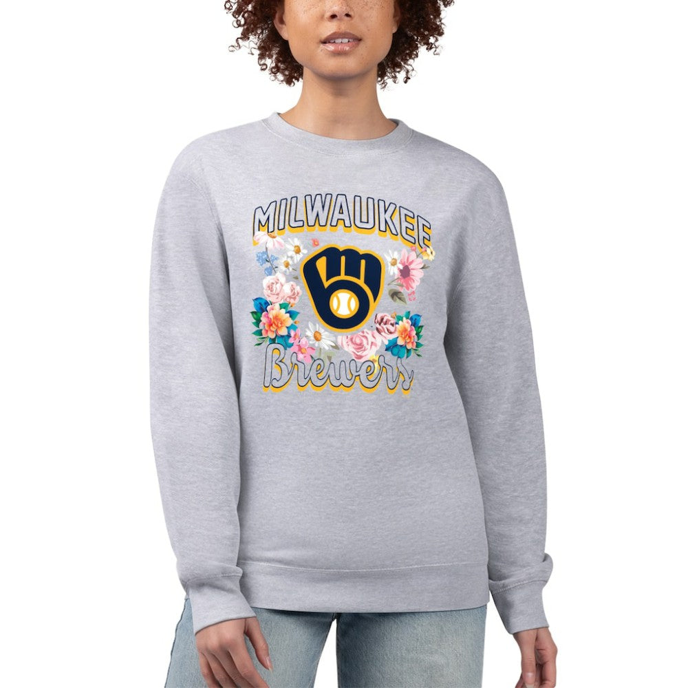 Milwaukee Brewers G-III 4Her by Carl Banks Women's Flowers Graphic Pullover Sweatshirt - Heather Gray
