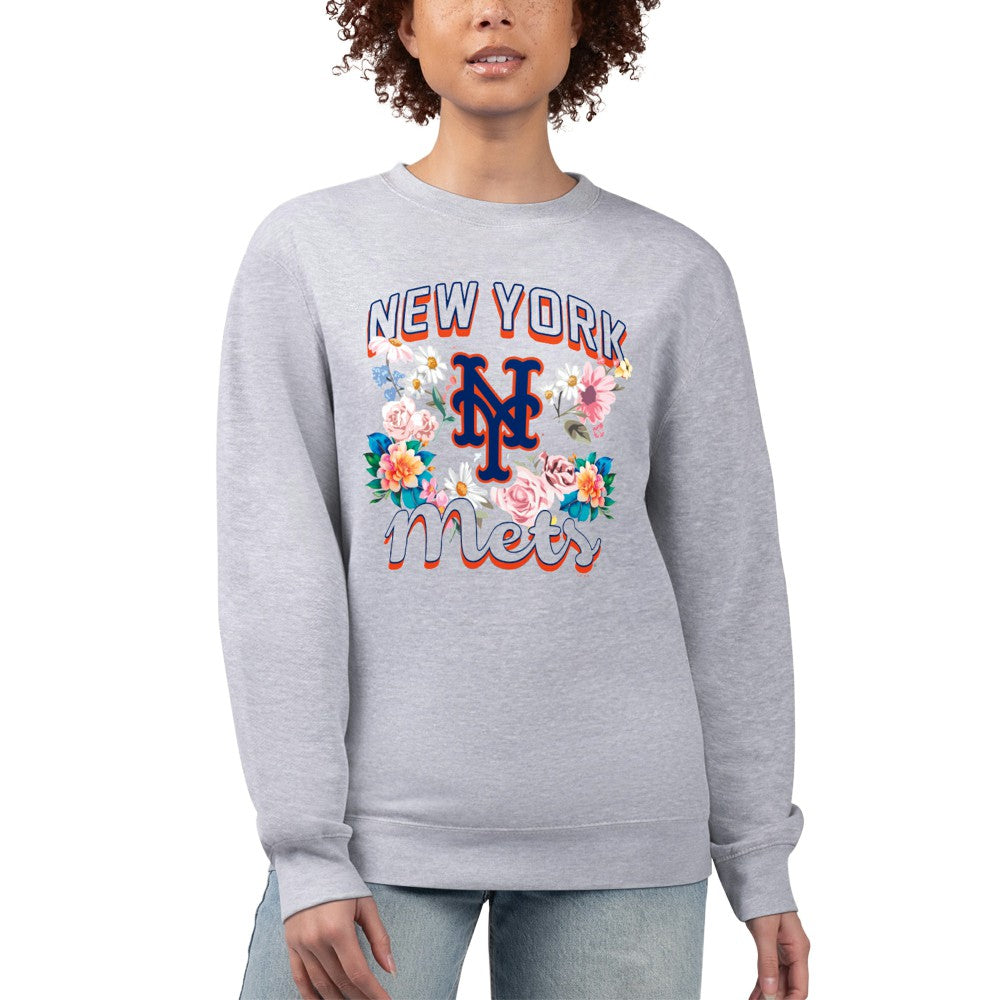 New York Mets G-III 4Her by Carl Banks Women's Flowers Graphic Pullover Sweatshirt - Heather Gray