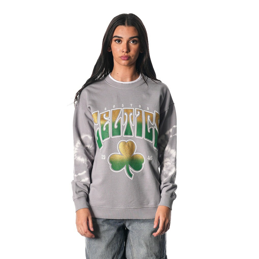 Boston Celtics The Wild Collective Women's Bleached Tie-Dye Pullover Sweatshirt - Heather Gray shop