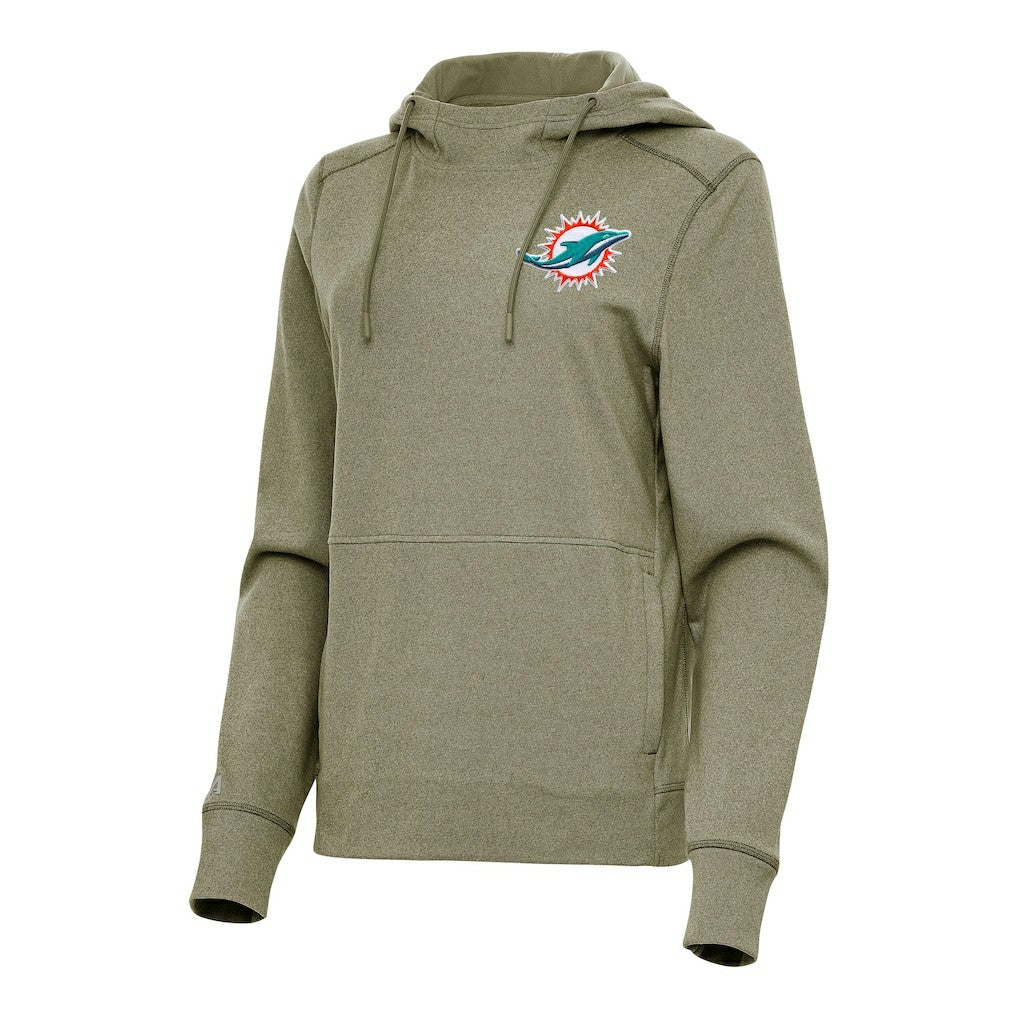 Miami Dolphins Antigua Women's Justice Pullover Hoodie - Heather Olive discount