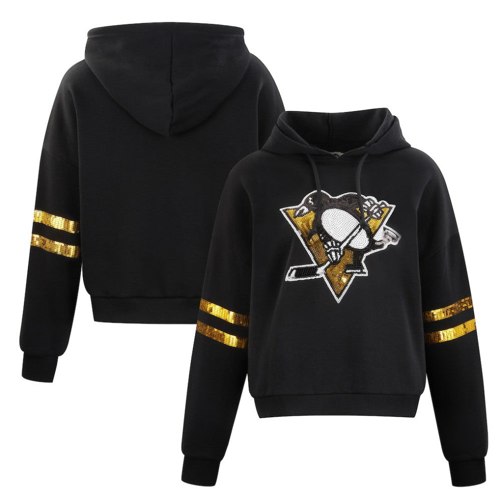 Pittsburgh Penguins Cuce Women's Sequin Cropped Pullover Hoodie Black