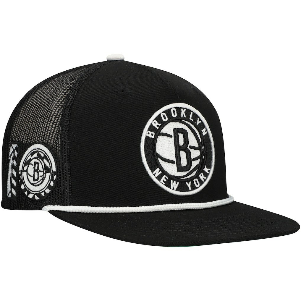 Brooklyn Nets Roper Trucker Snapback Hat - Black | Mitchell & Ness for sale