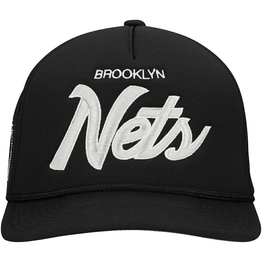Brooklyn Nets Script Trucker Adjustable Hat - Black | Mitchell & Ness outlet