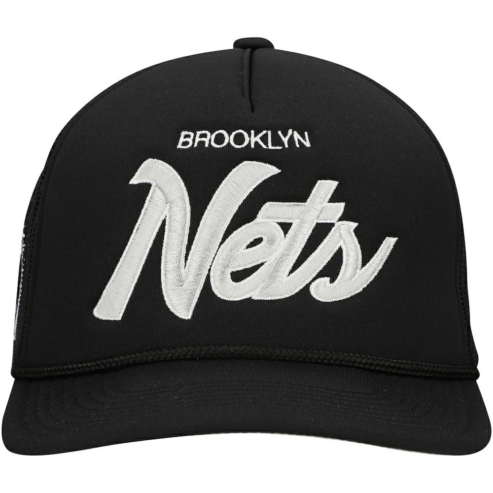 Brooklyn Nets Script Trucker Adjustable Hat - Black | Mitchell & Ness outlet