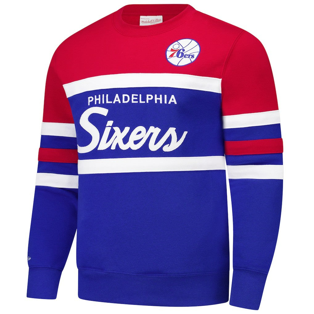 Philadelphia 76ers Hardwood Classics Vintage Logo Head Coach Pullover Sweatshirt - Royal/Red | Mitchell & Ness shop