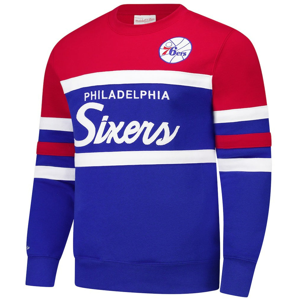 Philadelphia 76ers Hardwood Classics Vintage Logo Head Coach Pullover Sweatshirt - Royal/Red | Mitchell & Ness shop