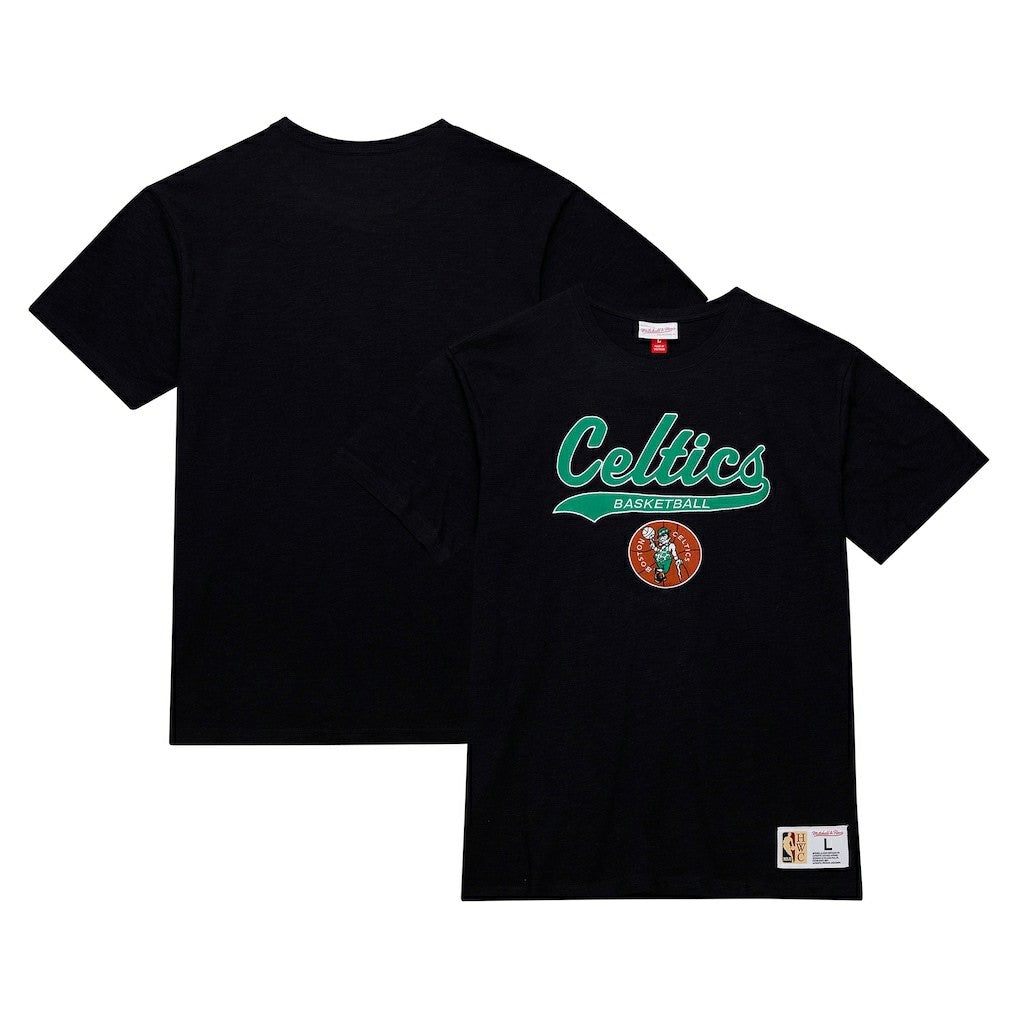 Boston Celtics Hardwood Classics Felt Applique Slub T-Shirt - Black | Mitchell & Ness on sale