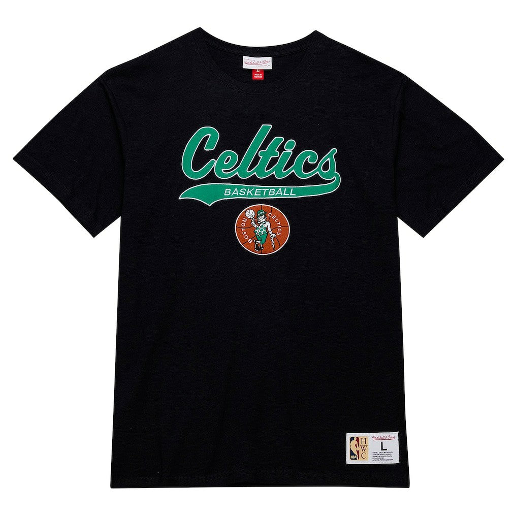 Boston Celtics Hardwood Classics Felt Applique Slub T-Shirt - Black | Mitchell & Ness on sale