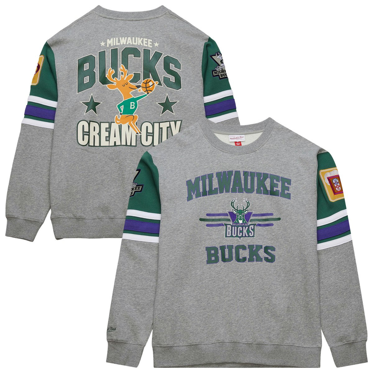Milwaukee Bucks Hardwood Classics All Over 4.0 Pullover Sweatshirt - Heather Gray | Mitchell & Ness cheap