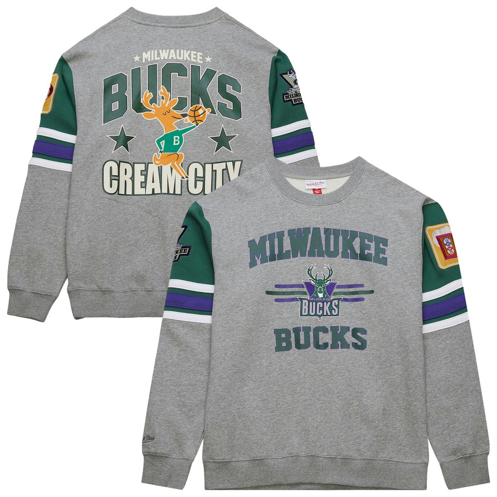 Milwaukee Bucks Hardwood Classics All Over 4.0 Pullover Sweatshirt - Heather Gray | Mitchell & Ness cheap