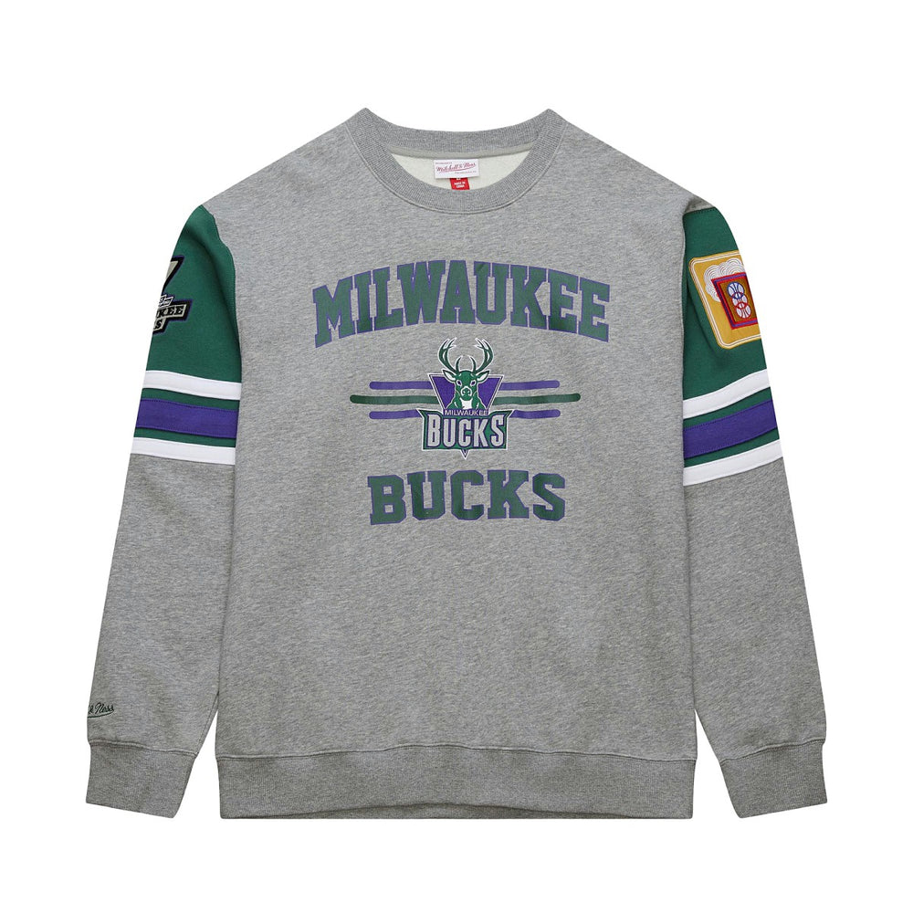 Milwaukee Bucks Hardwood Classics All Over 4.0 Pullover Sweatshirt - Heather Gray | Mitchell & Ness cheap