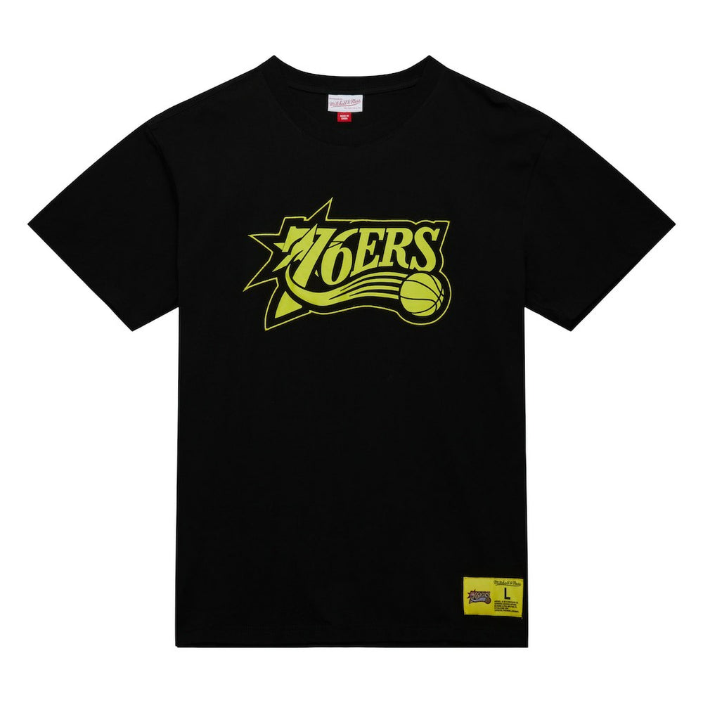 Philadelphia 76ers Hardwood Classics Neon Nights Premium T-Shirt - Black | Mitchell & Ness on sale