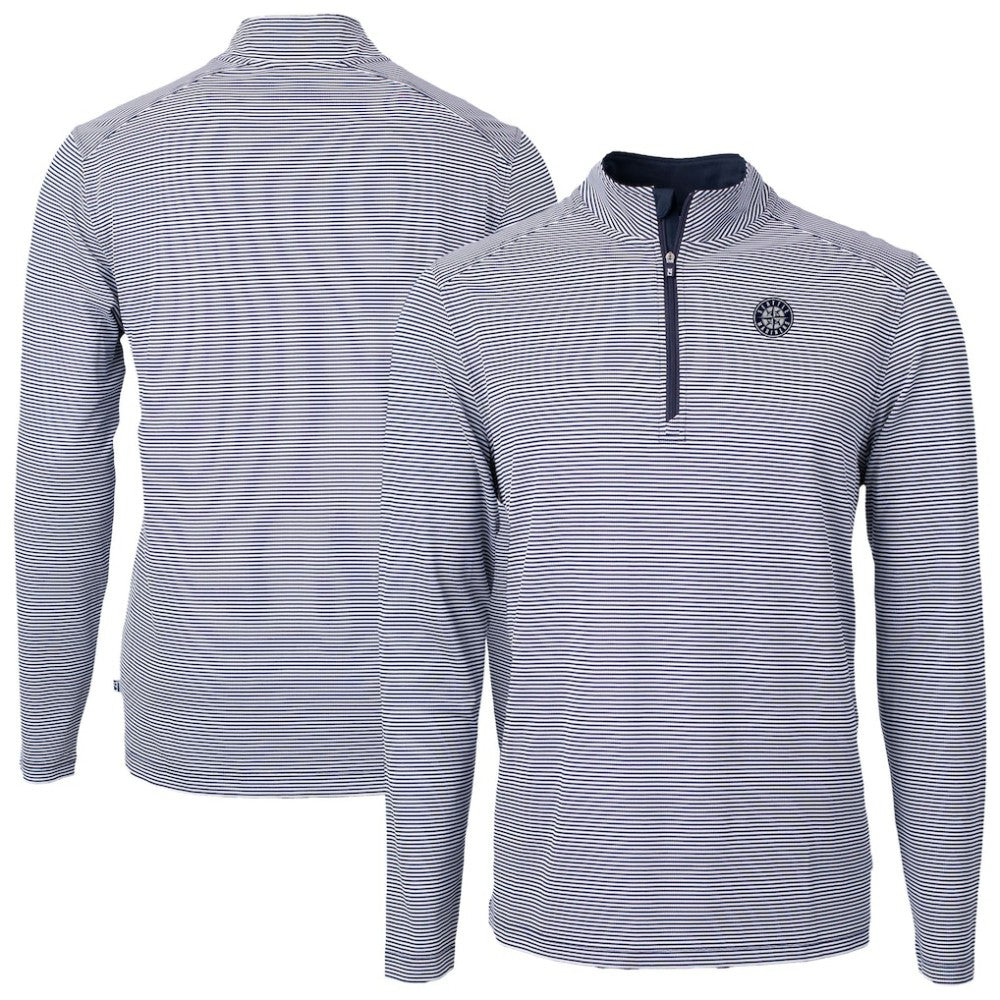 Seattle Mariners Cutter & Buck Virtue Eco Pique Micro Stripe Quarter-Zip Jacket - Navy
