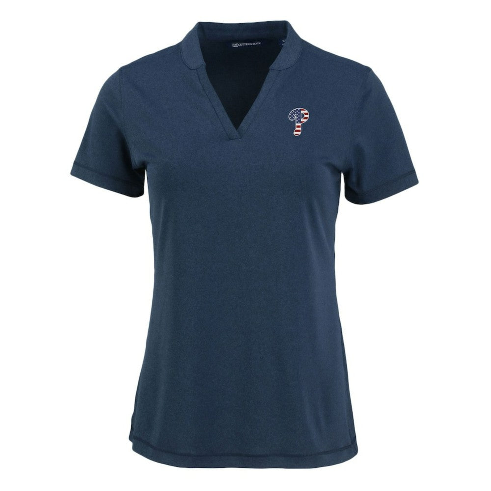 Philadelphia Phillies Cutter & Buck Women's Forge Stretch Blade DryTec V-Neck Polo - Heather Navy