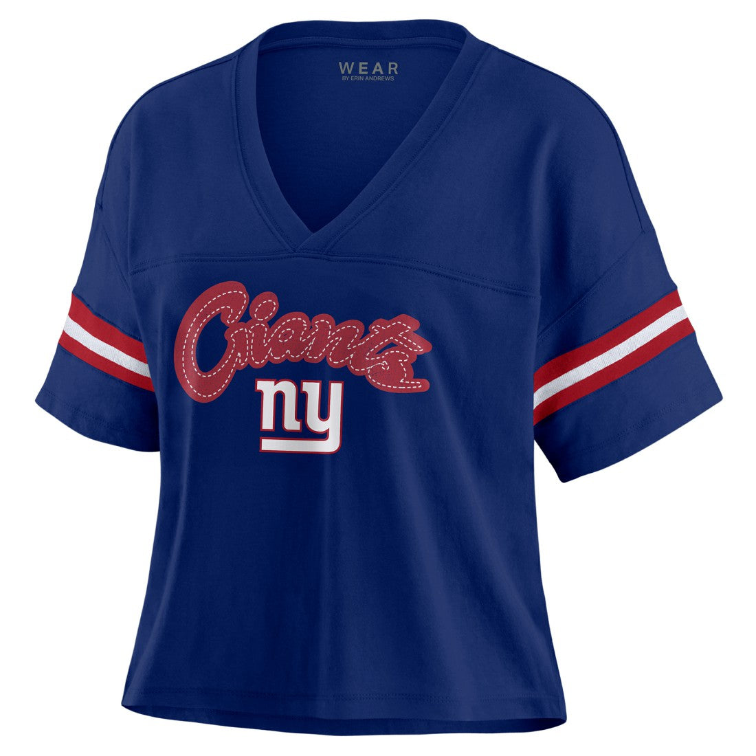 New York Giants WEAR by Erin Andrews Women's Plus Size Color Block Boxy T-Shirt - Royal/White sale