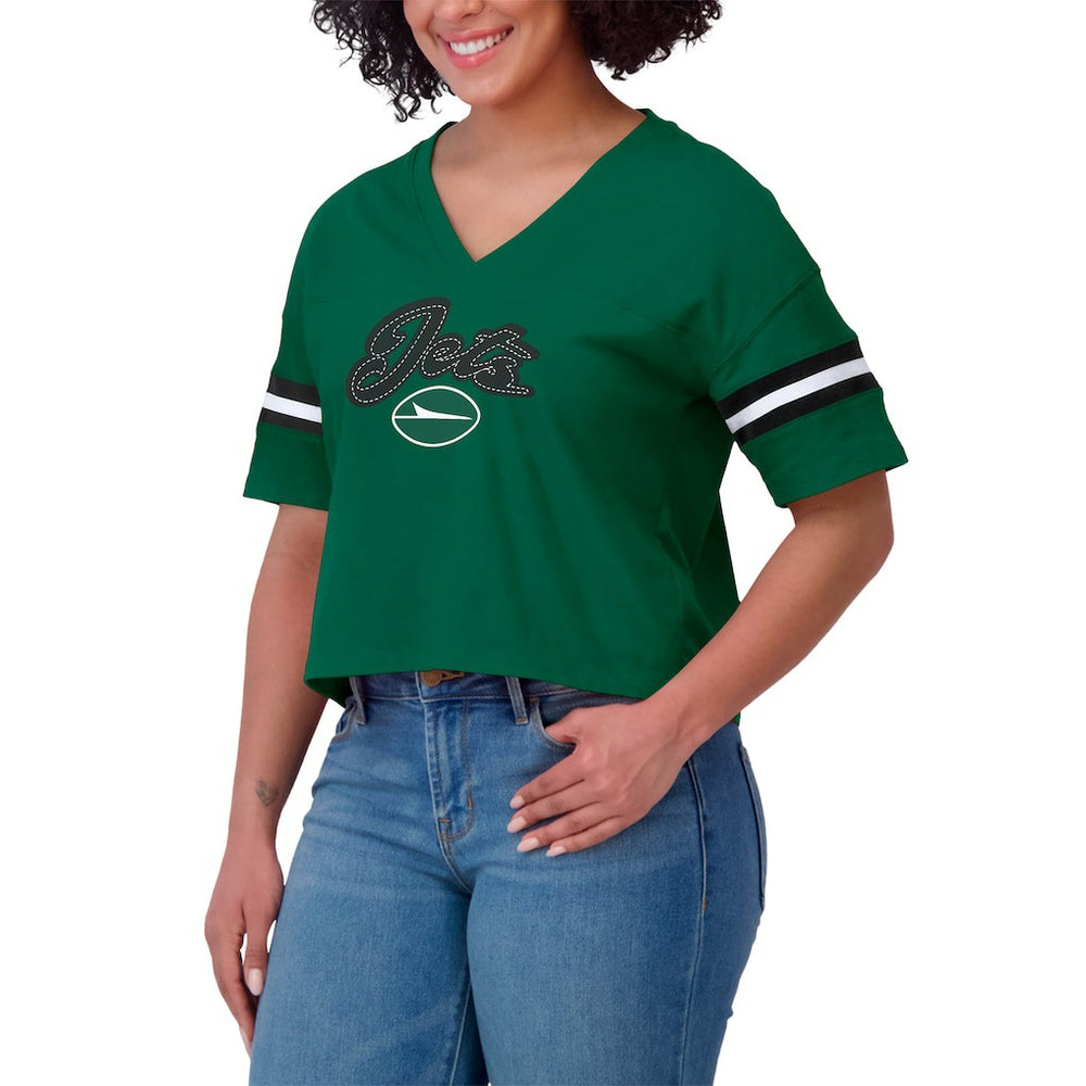 New York Jets WEAR by Erin Andrews Women's Plus Size Color Block Boxy T-Shirt - Green/White discount