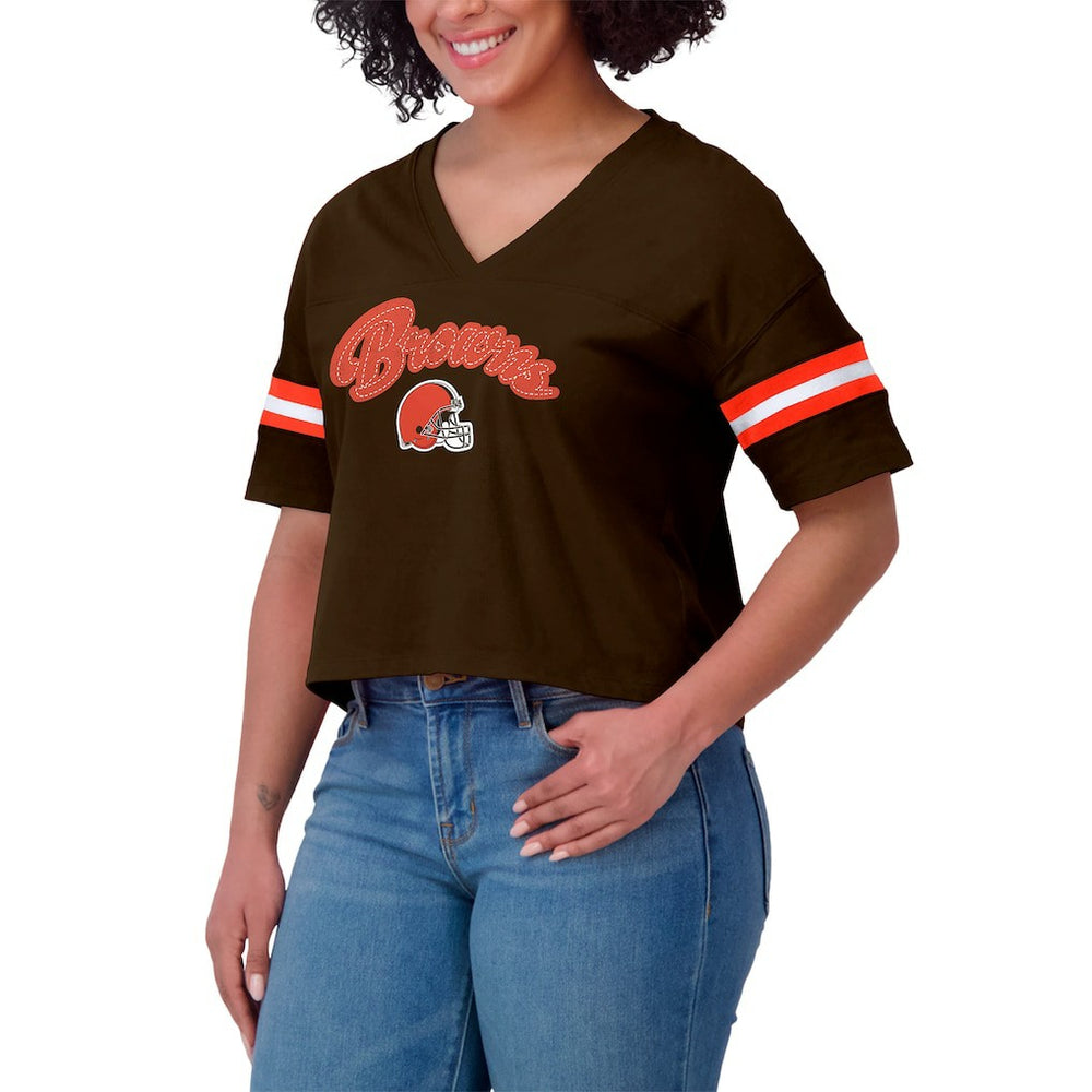 Cleveland Browns WEAR by Erin Andrews Women's Plus Size Color Block Boxy T-Shirt - Brown/White online