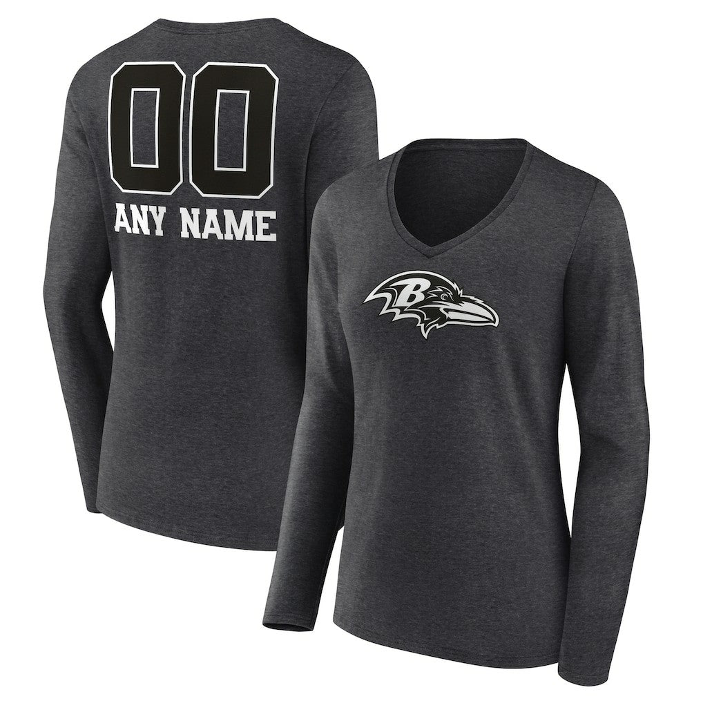 Baltimore Ravens Women's Personalized Name & Number Monochrome V-neck T-Shirt - Charcoal sale