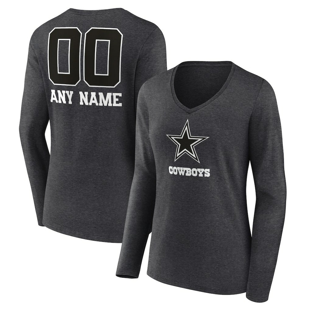 Dallas Cowboys Women's Personalized Name & Number Monochrome V-neck T-Shirt - Charcoal for sale