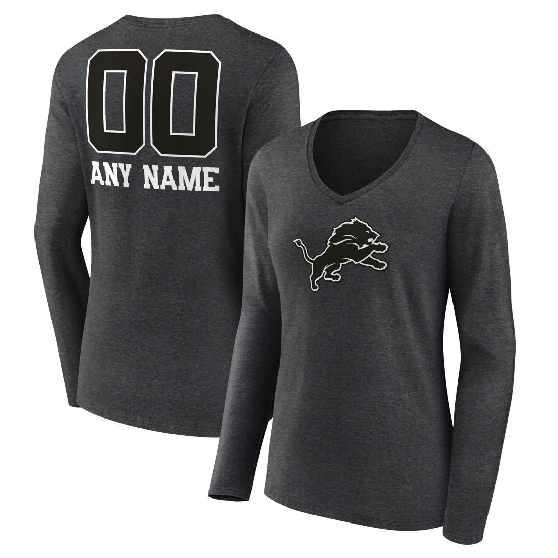 Detroit Lions Women's Personalized Name & Number Monochrome V-neck T-Shirt - Charcoal for sale