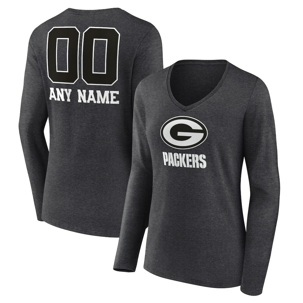 Green Bay Packers Women's Personalized Name & Number Monochrome V-neck T-Shirt - Charcoal sale
