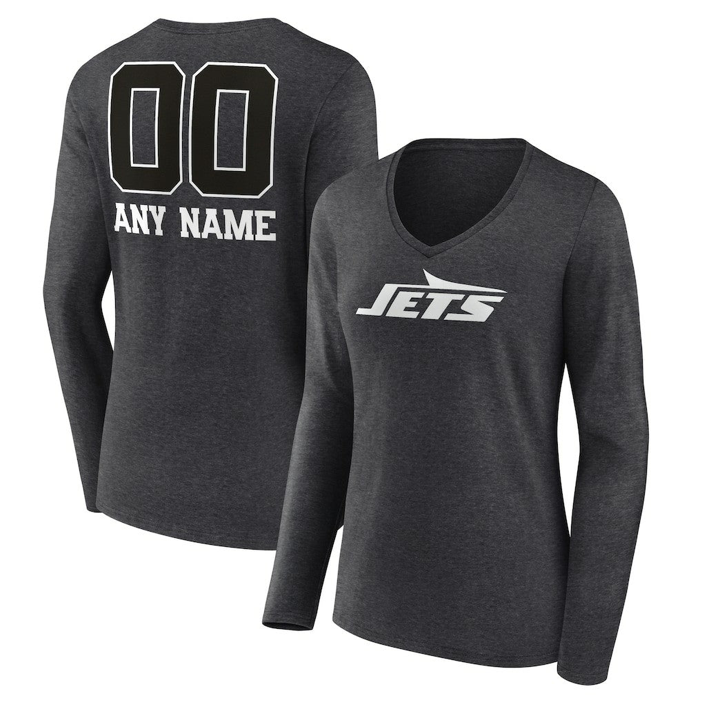 New York Jets Women's Personalized Name & Number Monochrome V-neck T-Shirt - Charcoal for sale