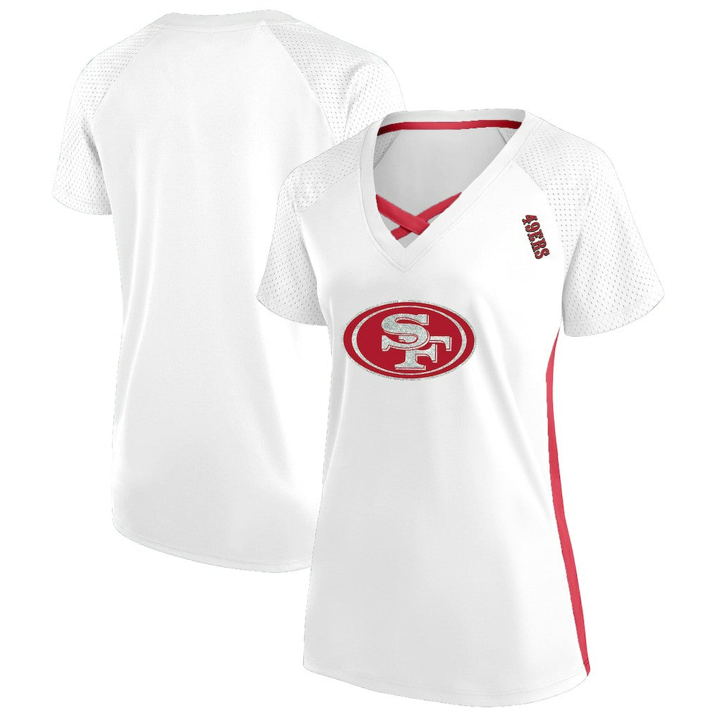 San Francisco 49ers Women's Plus Size Glitter Lace-Up V- Neck T-Shirt - White cheap