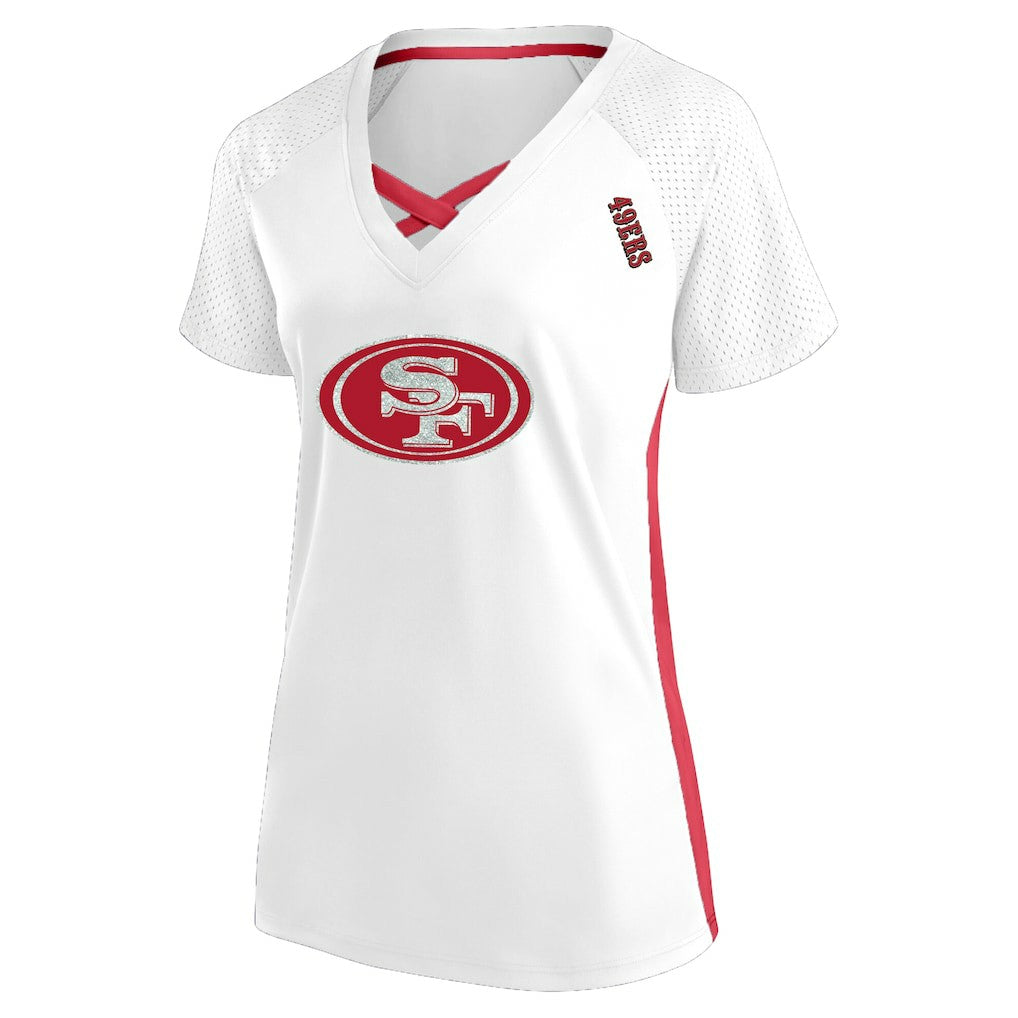 San Francisco 49ers Women's Plus Size Glitter Lace-Up V- Neck T-Shirt - White cheap