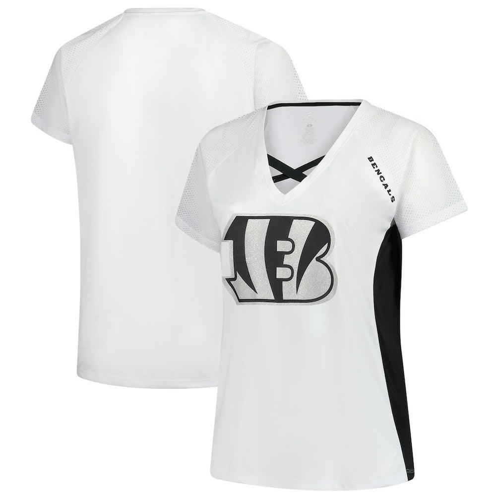 Cincinnati Bengals Women's Plus Size Glitter Lace-Up V- Neck T-Shirt - White discount