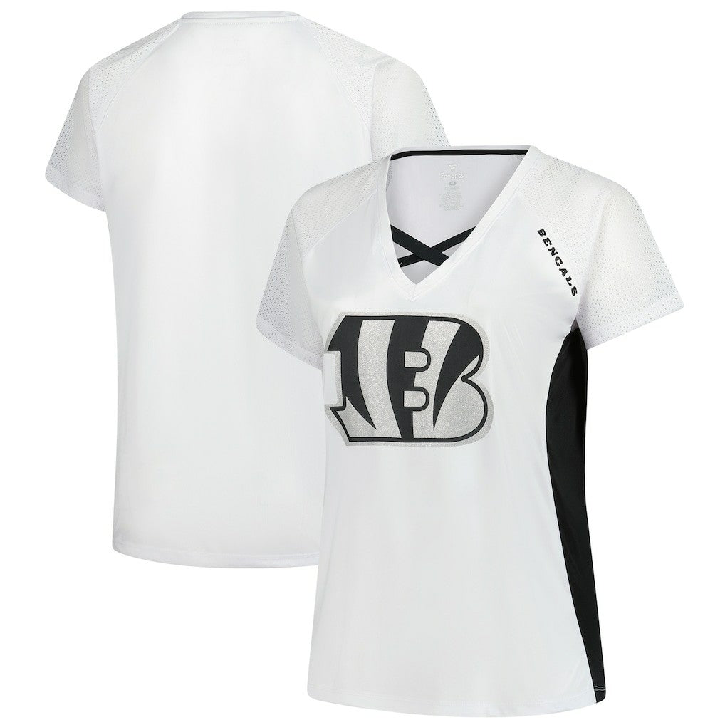 Cincinnati Bengals Women's Plus Size Glitter Lace-Up V- Neck T-Shirt - White discount