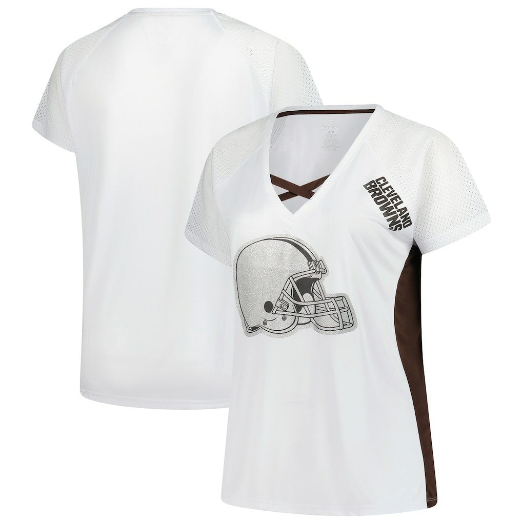 Cleveland Browns Women's Plus Size Glitter Lace-Up V- Neck T-Shirt - White outlet