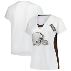 Cleveland Browns Women's Plus Size Glitter Lace-Up V- Neck T-Shirt - White outlet