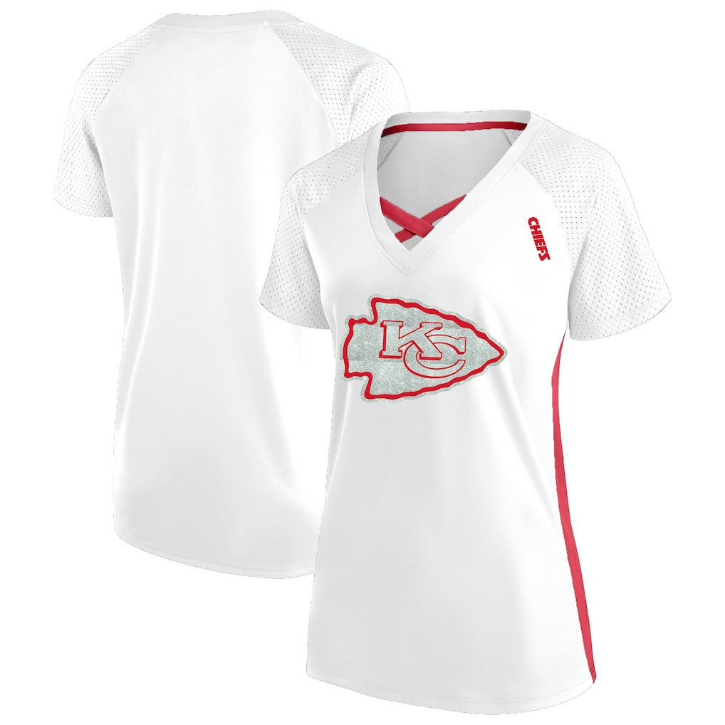 Kansas City Chiefs Women's Plus Size Glitter Lace-Up V- Neck T-Shirt - White outlet