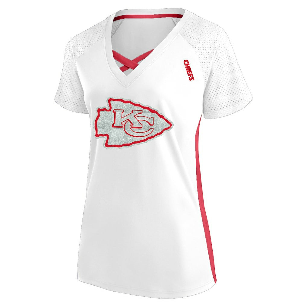 Kansas City Chiefs Women's Plus Size Glitter Lace-Up V- Neck T-Shirt - White outlet