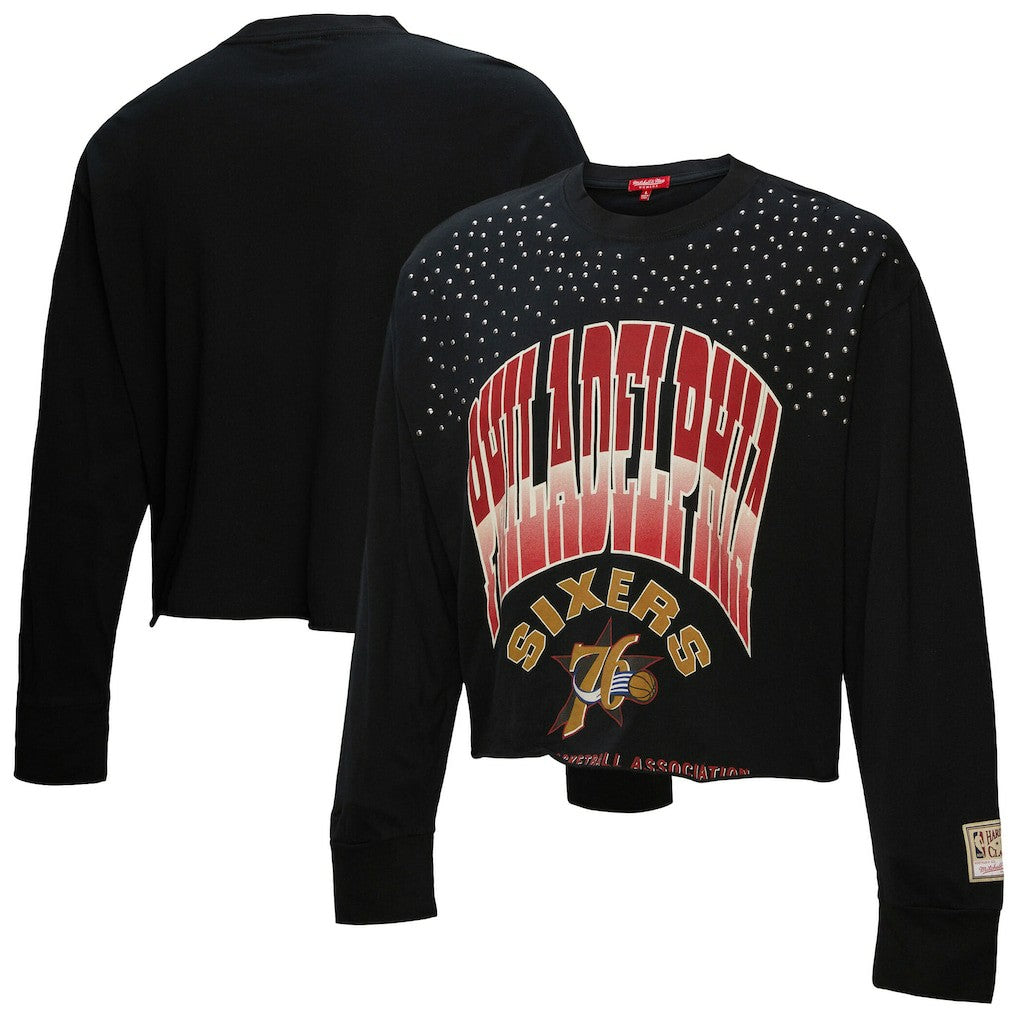 Philadelphia 76ers Women's Hardwood Classics Studded Boxy Cropped Long Sleeve T-Shirt - Black | Mitchell & Ness discount