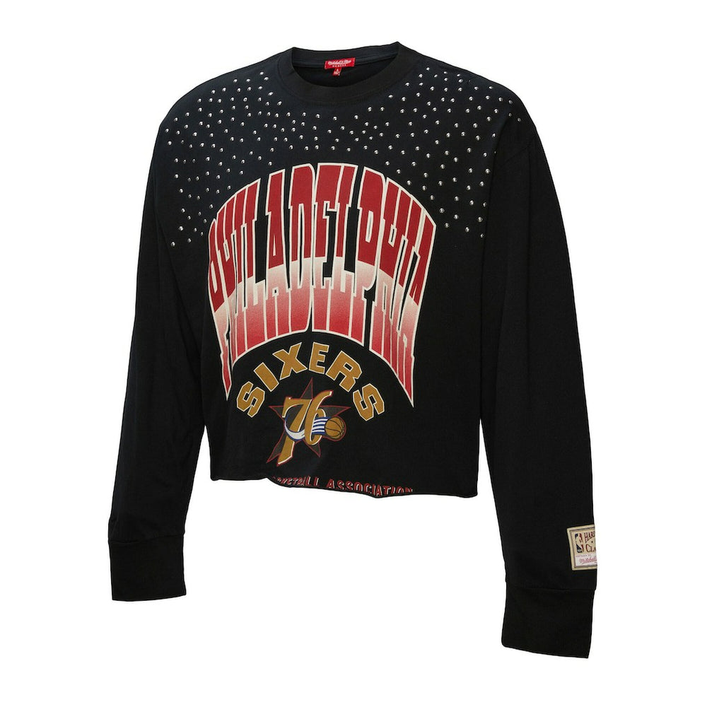 Philadelphia 76ers Women's Hardwood Classics Studded Boxy Cropped Long Sleeve T-Shirt - Black | Mitchell & Ness discount