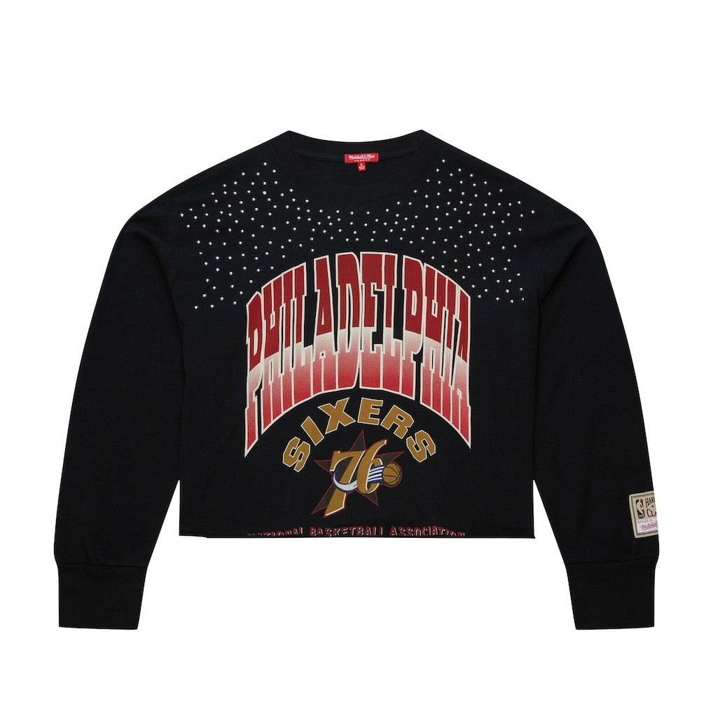 Philadelphia 76ers Women's Hardwood Classics Studded Boxy Cropped Long Sleeve T-Shirt - Black | Mitchell & Ness discount