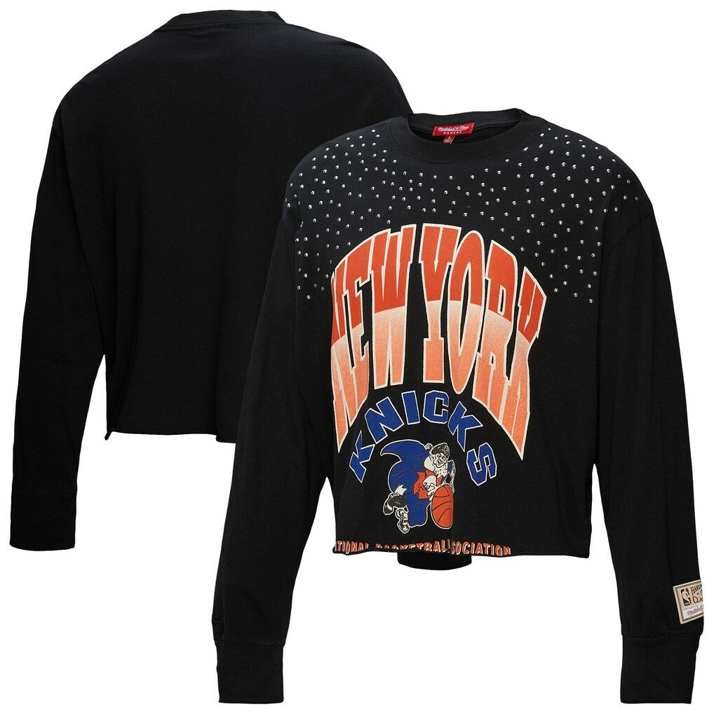 New York Knicks Women's Hardwood Classics Studded Boxy Cropped Long Sleeve T-Shirt - Black | Mitchell & Ness on sale