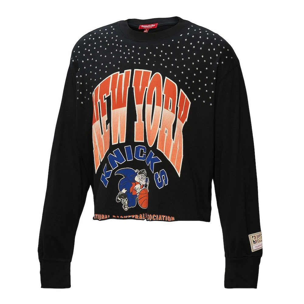 New York Knicks Women's Hardwood Classics Studded Boxy Cropped Long Sleeve T-Shirt - Black | Mitchell & Ness on sale